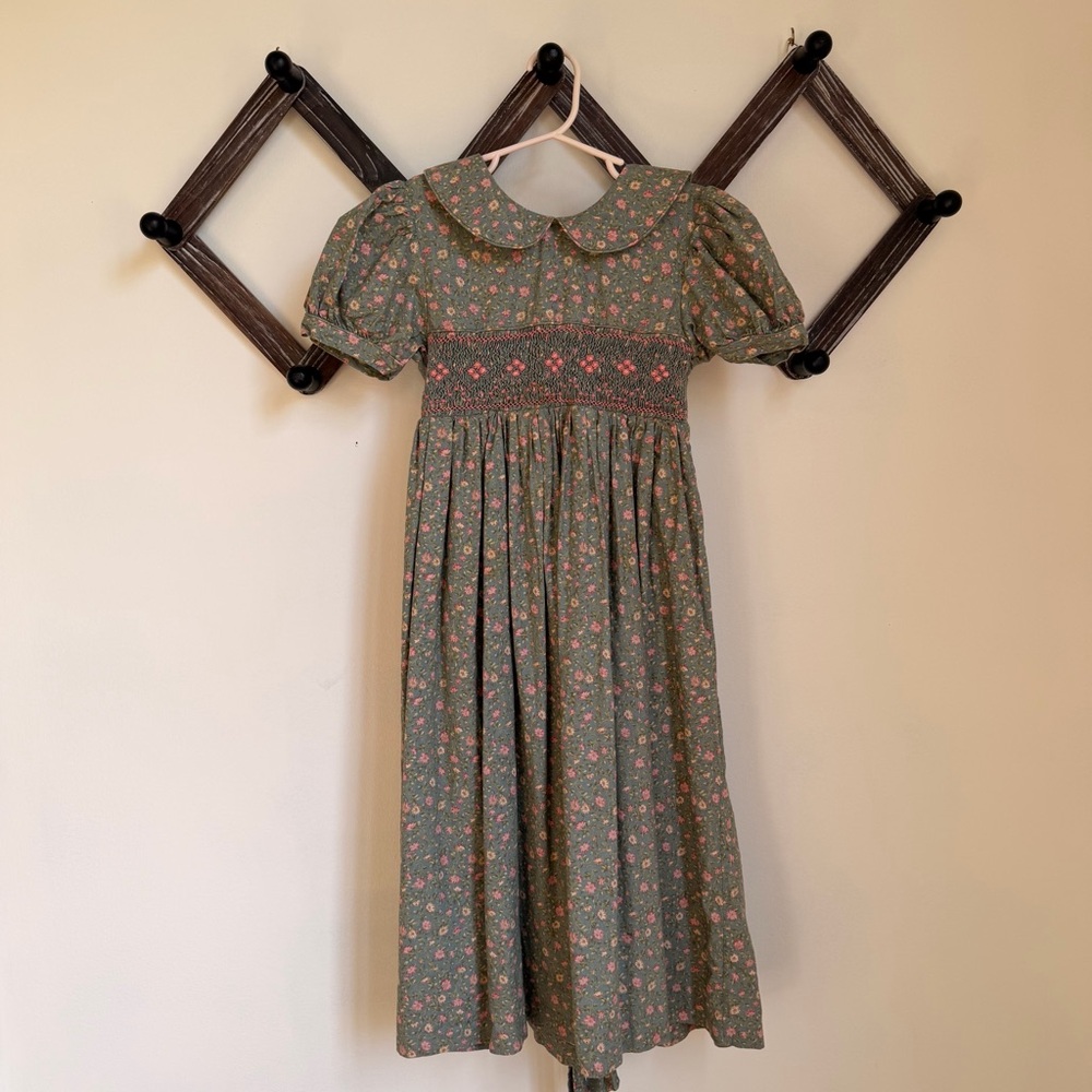 Strasburg Vintage Green Floral Smocked Dress with Peter Pan Collar